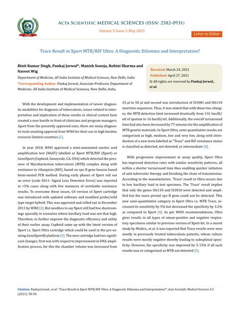 Trace Result in Xpert MTB/RIF Ultra: A Diagnostic Dilemma and .